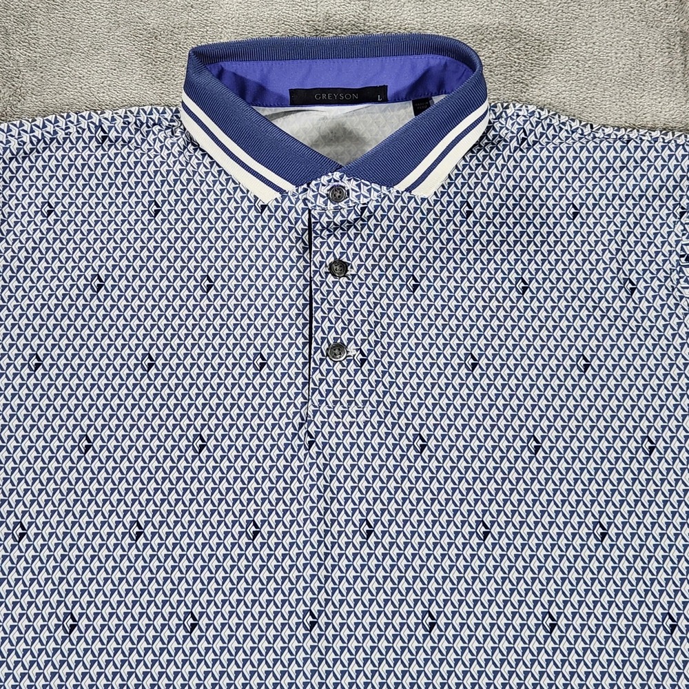 Greyson Polo Shirt Mens‎ Large Blue White Geometric Print Stretch Golf